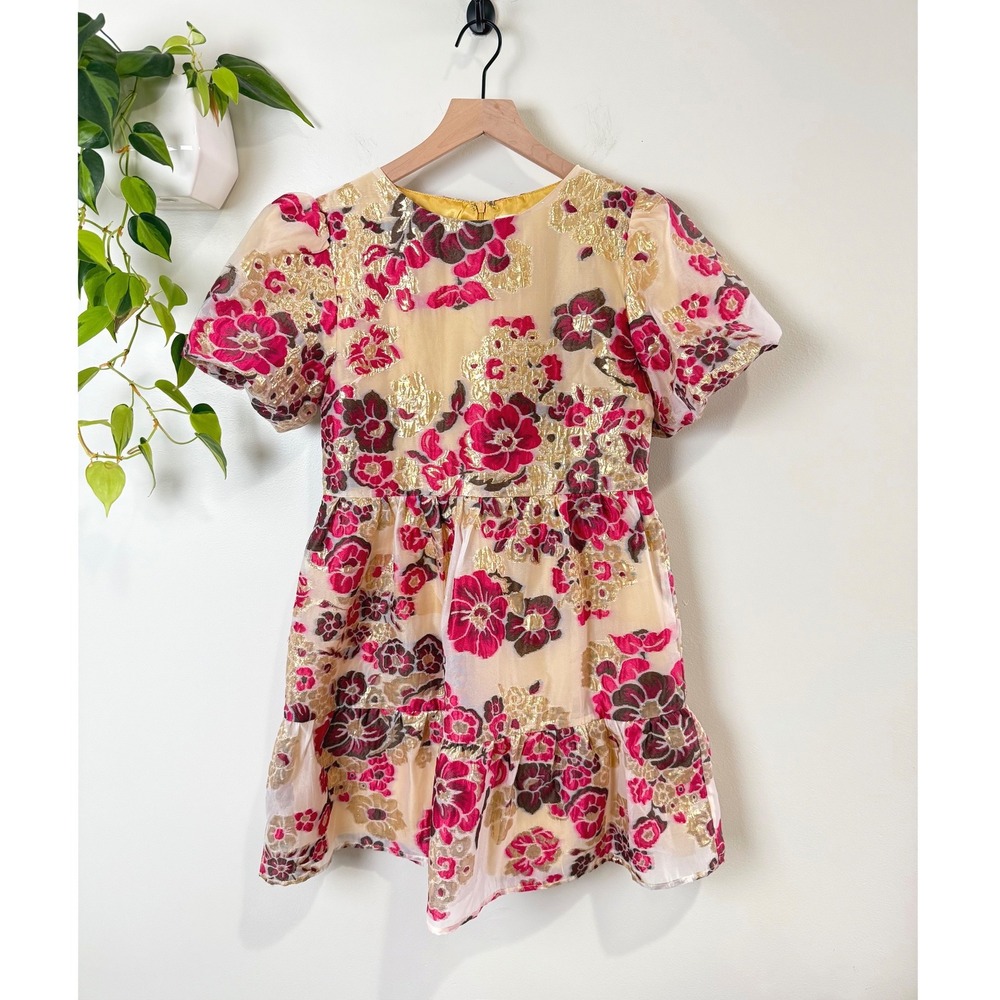 TCEC Pink Gold Floral Brocade Puff Sleeve Tiered Mini Dress M Wedding Cocktail
